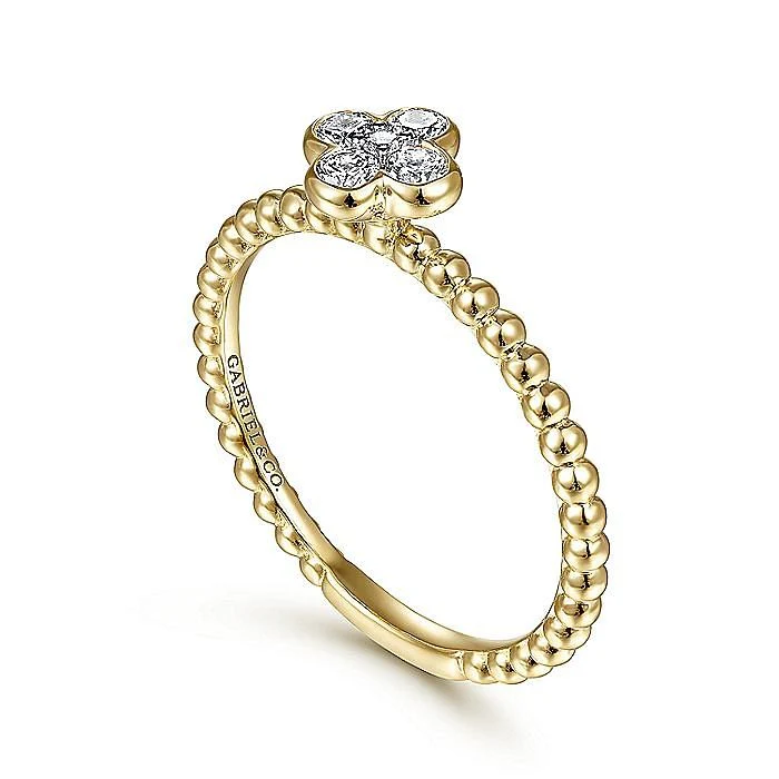 Gabriel & Co. Yellow Gold Diamond Cluster Clover and Bujukan Bead Ring - Image 3