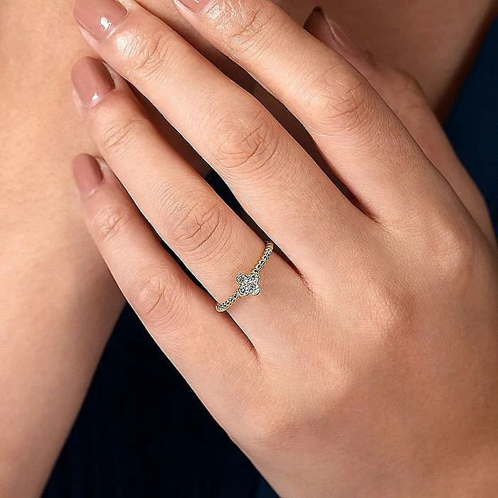 Gabriel & Co. Yellow Gold Diamond Cluster Clover and Bujukan Bead Ring - Image 5