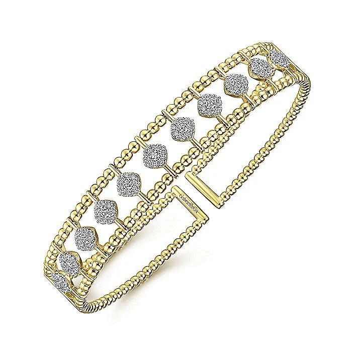 Gabriel & Co. Yellow Gold Offset Diamond Cluster Bujukan Beaded Cuff Bracelet - Image 2