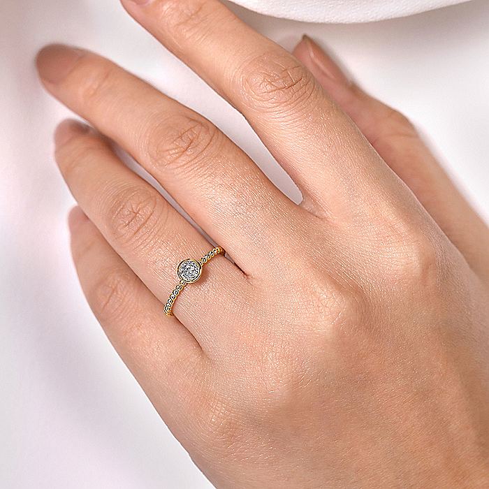 Gabriel & Co Yellow Gold Round Bezel Set Diamond Cluster Ring with Bujukan Beaded Shank - Image 5