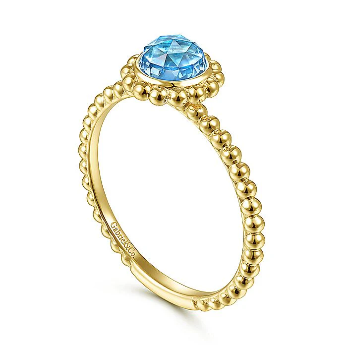 Gabriel & Co Yellow Gold Round Blue Topaz Bujukan Beaded Ring - Image 3