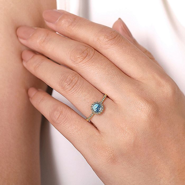 Gabriel & Co Yellow Gold Round Blue Topaz Bujukan Beaded Ring - Image 5