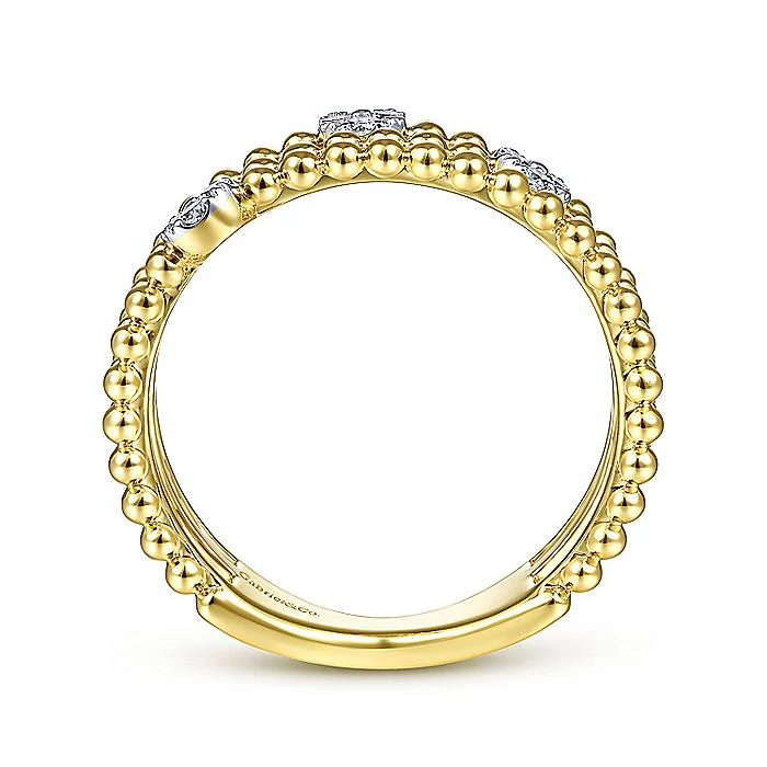 Gabriel & Co Yellow Gold Three Row Beaded Ring with Pave Diamond Cluster Stations - Image 2