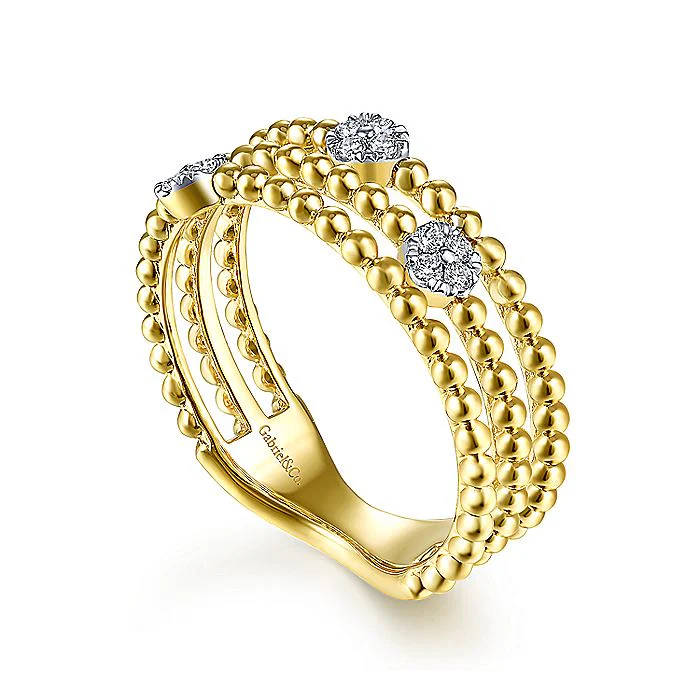 Gabriel & Co Yellow Gold Three Row Beaded Ring with Pave Diamond Cluster Stations - Image 3