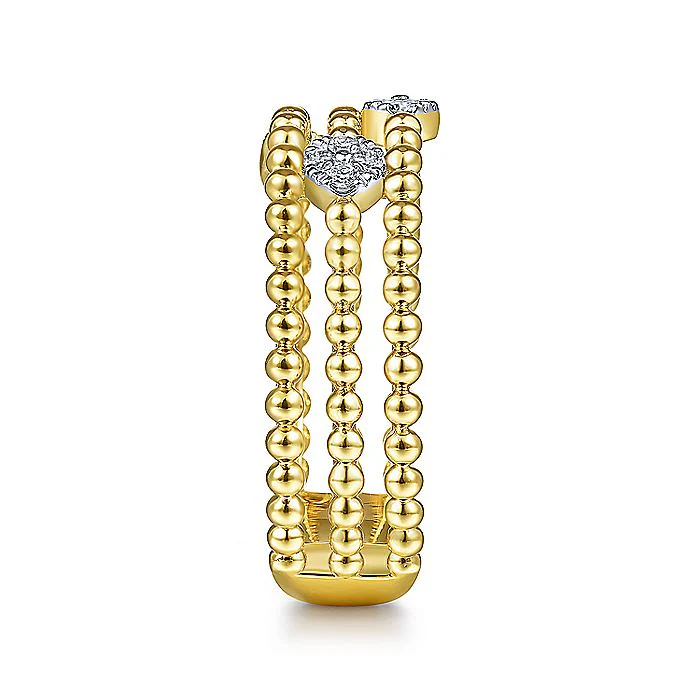 Gabriel & Co Yellow Gold Three Row Beaded Ring with Pave Diamond Cluster Stations - Image 4