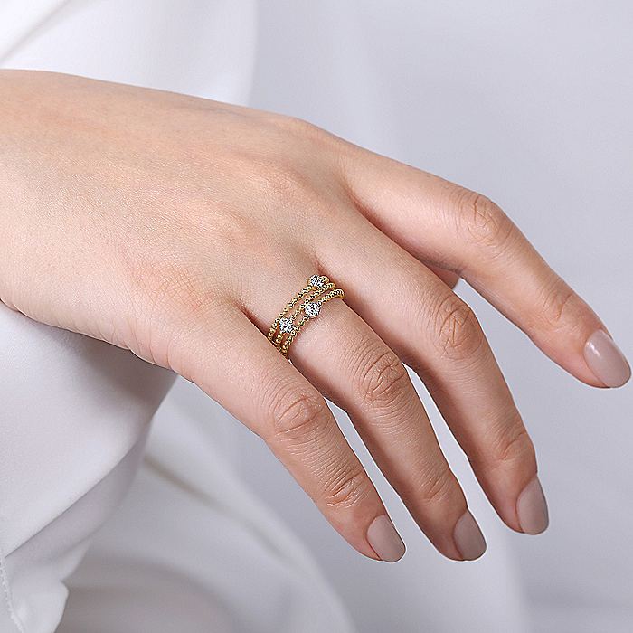 Gabriel & Co Yellow Gold Three Row Beaded Ring with Pave Diamond Cluster Stations - Image 5