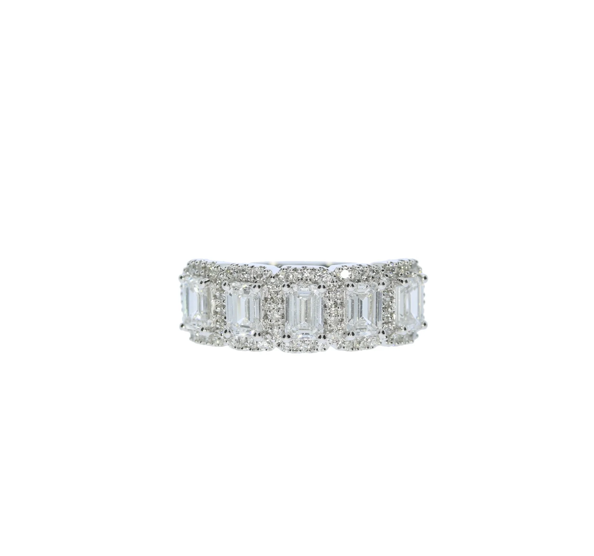 Green Rocks White Gold Five Labratory Grown Emerald Diamond Halo Band