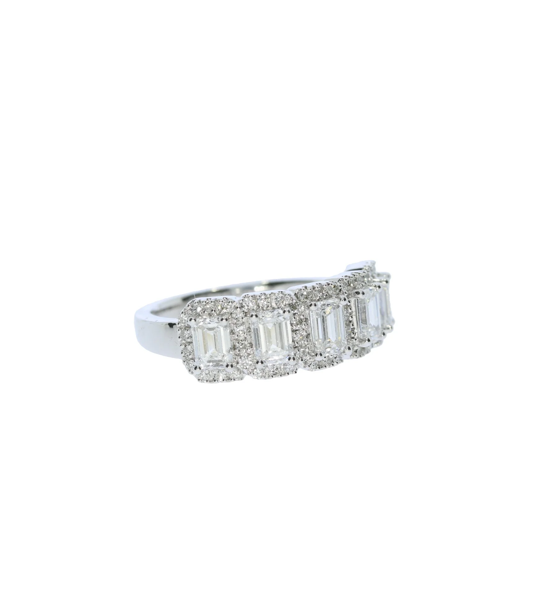 Green Rocks White Gold Five Labratory Grown Emerald Diamond Halo Band - Image 2