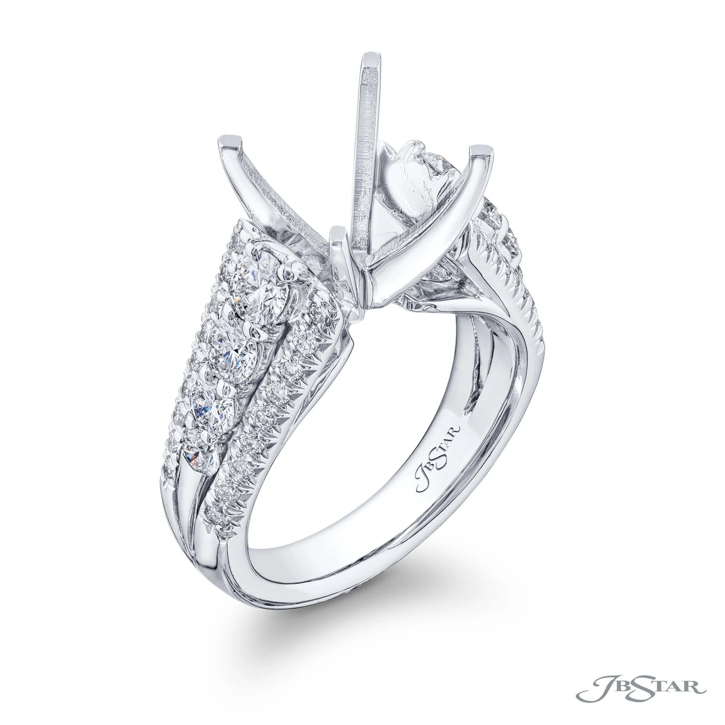 JB Star Platinum Wide Diamond Semi-Mount Shared Prong and Pavé Engagement Ring