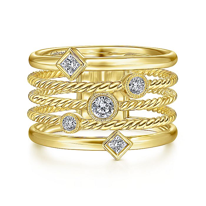 Ladies Gabriel & Co. Yellow Gold Multi Row Fashion Ring