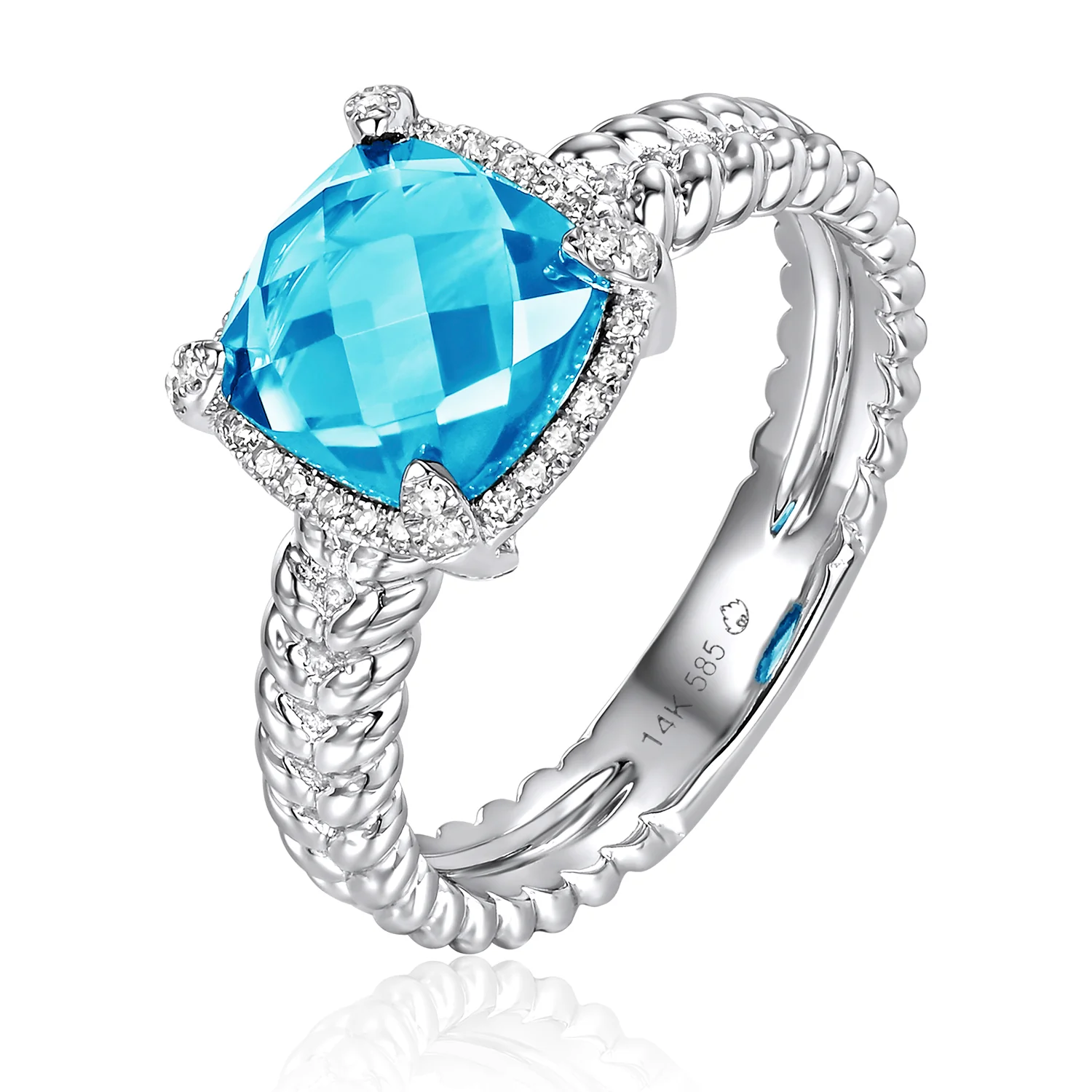 Ladies Luvente 14 Karat White Gold Cushion Cut London Blue Topaz Ring