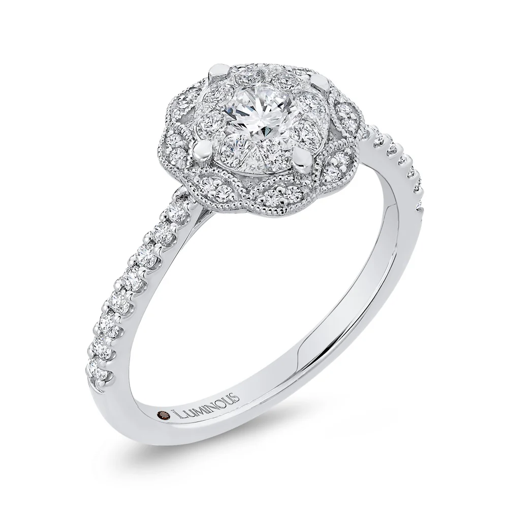 Luminous White Gold Round Floral Halo Engagement Ring - Image 2