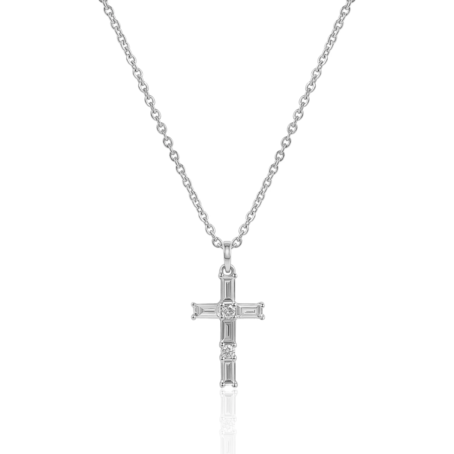 Luvente 14 Karat White Gold Baguette and Round Diamond Cross Pendant