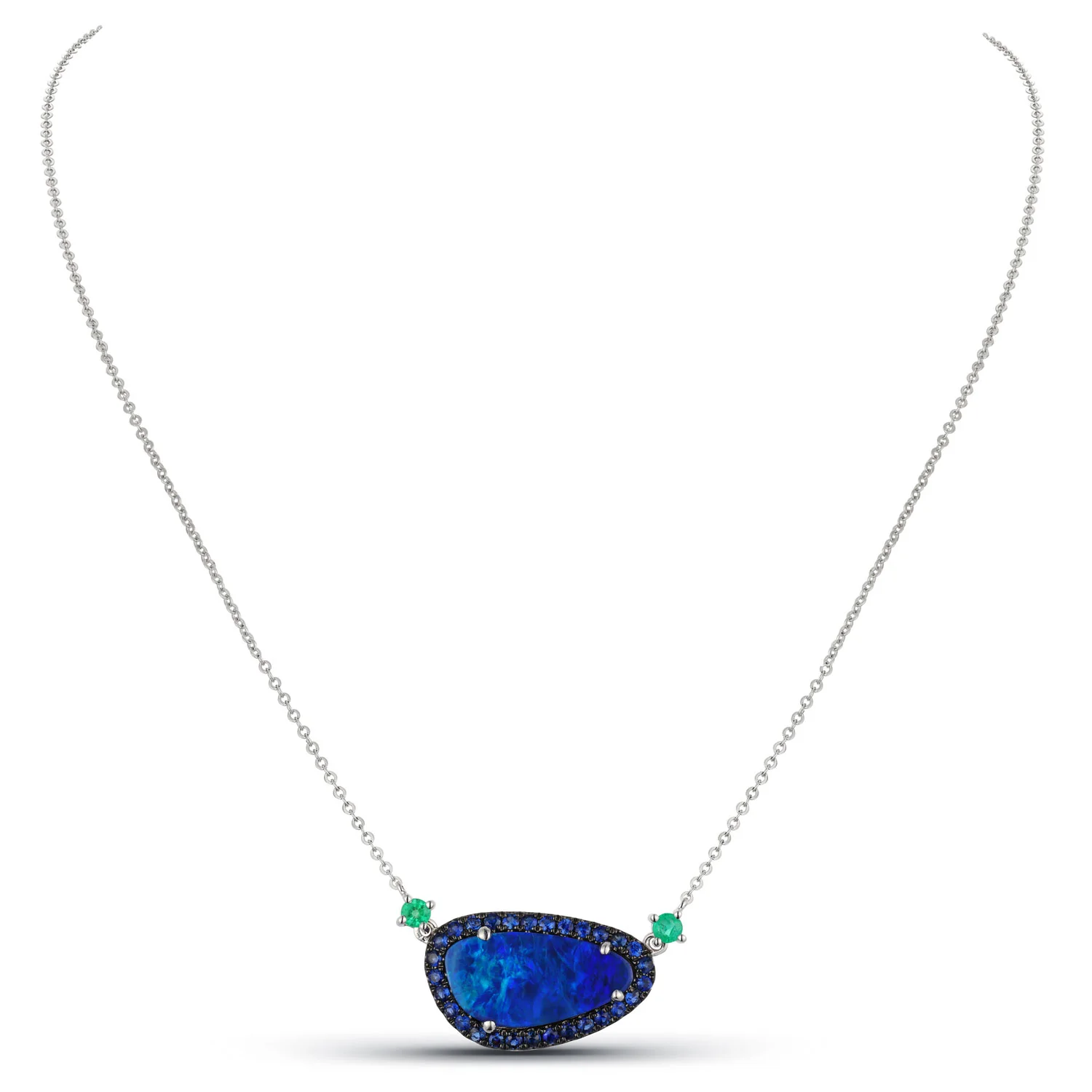 Luvente 14 Karat White Gold Boulder Opal Blue Sapphire Halo Emerald Pendant