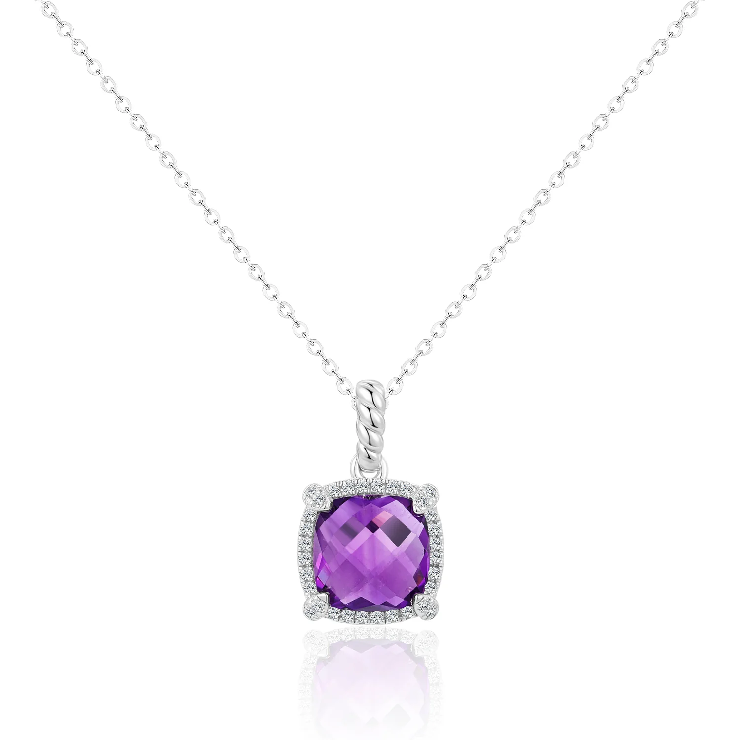 Luvente 14 Karat White Gold Cushion Cut Amethyst and Diamond Pendant