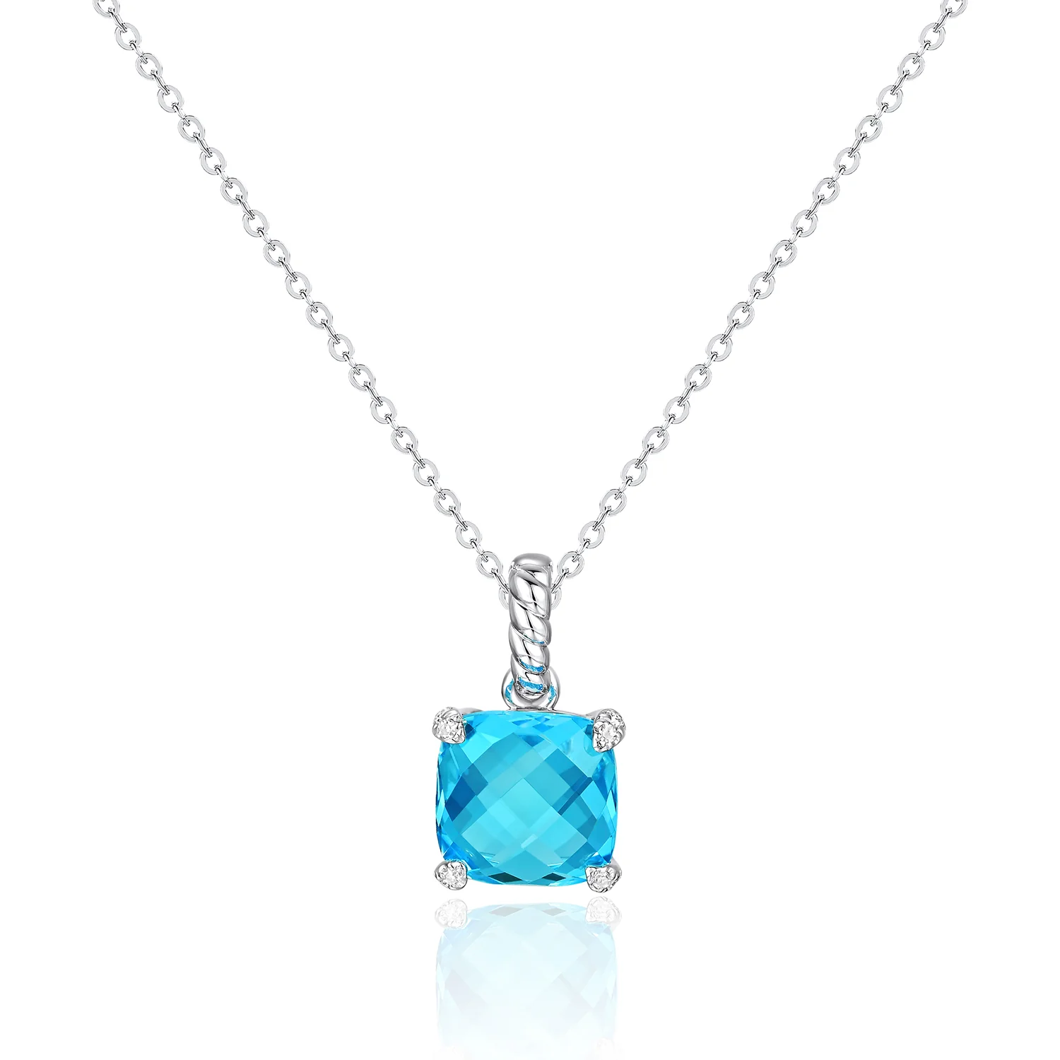 Luvente 14 Karat White Gold Cushion Cut Blue Topaz and Diamond Pendant