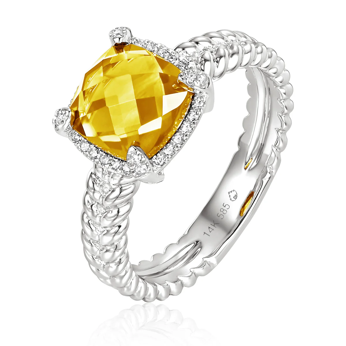 Luvente 14 Karat White Gold Cushion Cut Citrine Diamond Ring