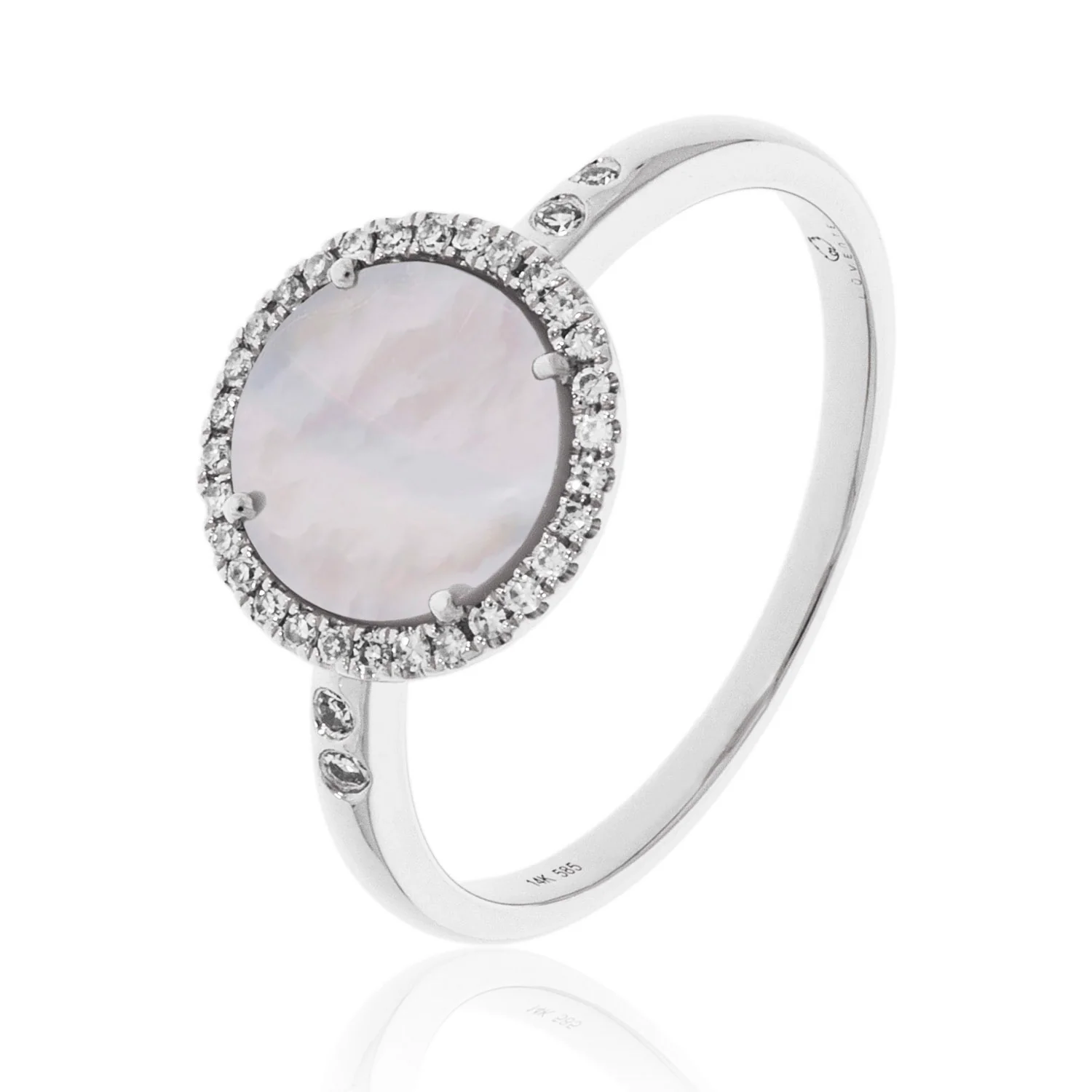 Luvente 14 Karat White Gold Round Mother of Pearl Diamond Halo Ring