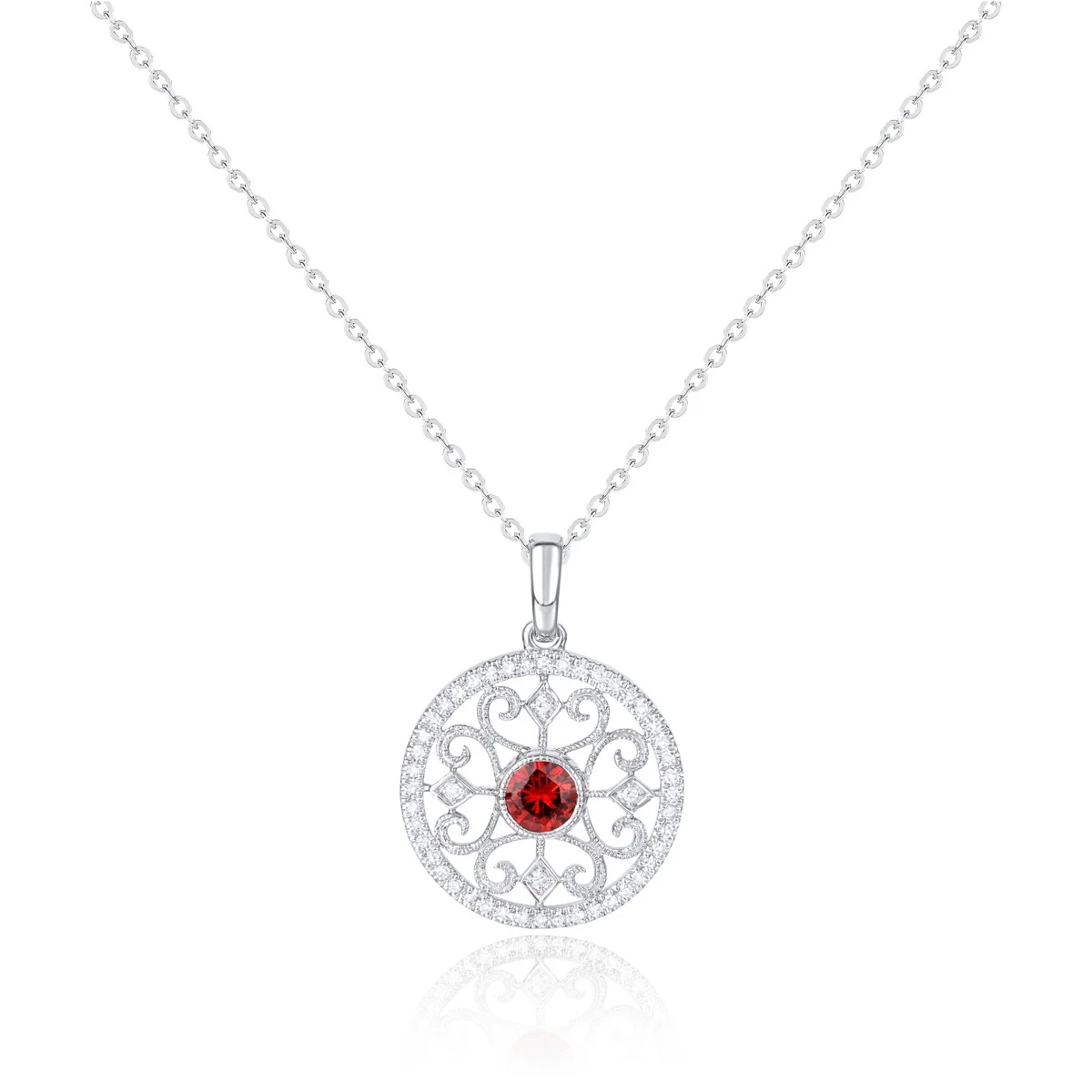 Luvente 14 Karat White Gold Round Ruby and Diamond Fillagree Pendant