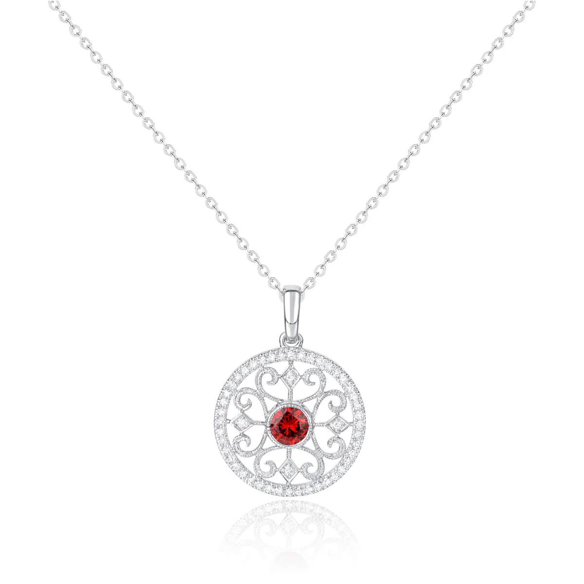 Luvente 14 Karat White Gold Round Ruby and Diamond Fillagree Pendant - Image 2