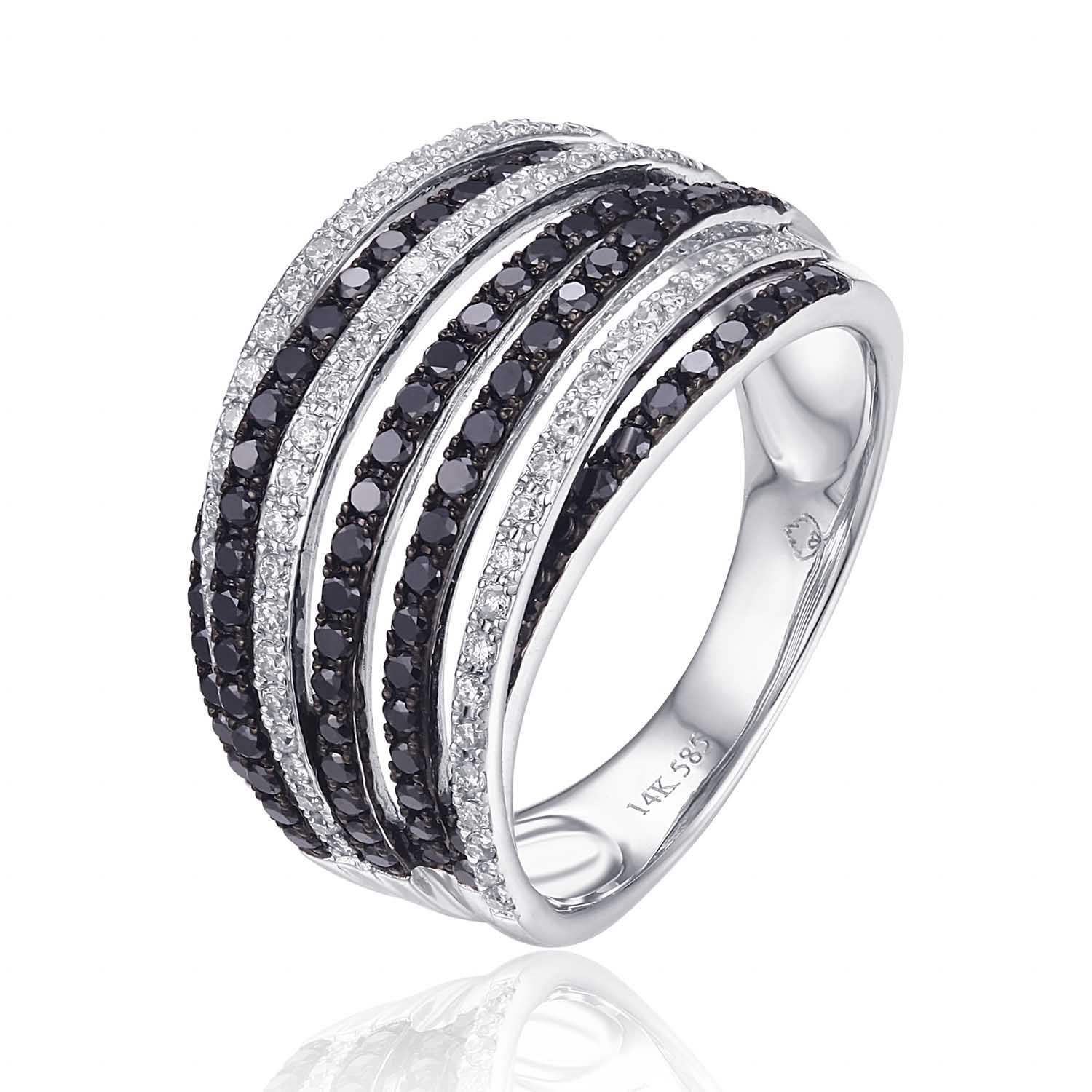 Luvente 14 Karat White Gold Wide Black and White Diamond Ring