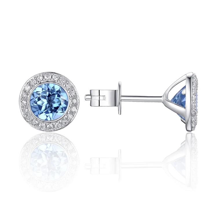 Luvente White Gold Blue Topaz & Diamond Halo Earrings