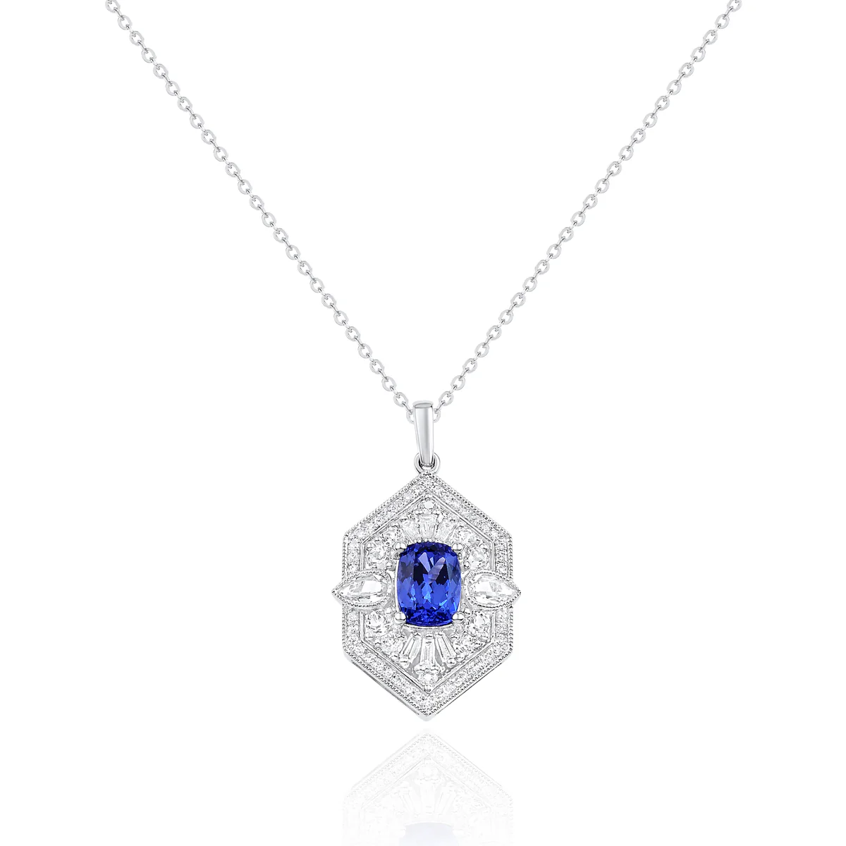 Luvente White Gold Vintage Style Tanzanite and Diamond Pendant
