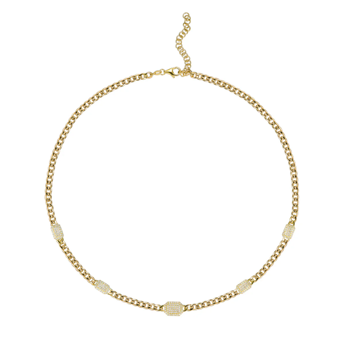 Luvente Yellow Gold 5 Emerald Shape Diamond Cluster Station Necklace