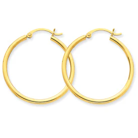 Pair Of Ladies 14 Karat Yellow Gold 2MM Lightweight Tube Hoop Earrings. 30MM Diameter