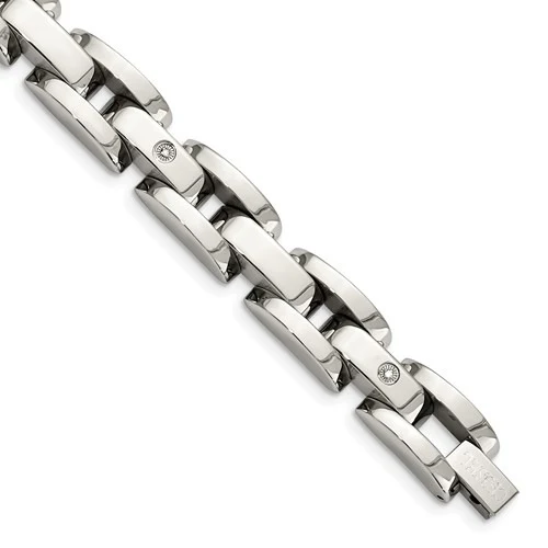 Stainless Steel 8.5 Inch Polished With 14 Karat White Gold And Diamonds
