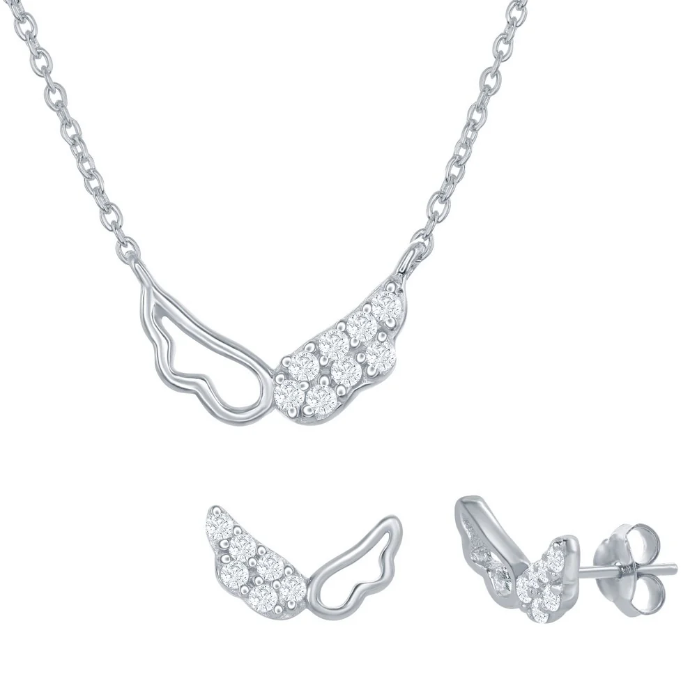 Sterling Silver Angel Wing Necklace & Earrings Set