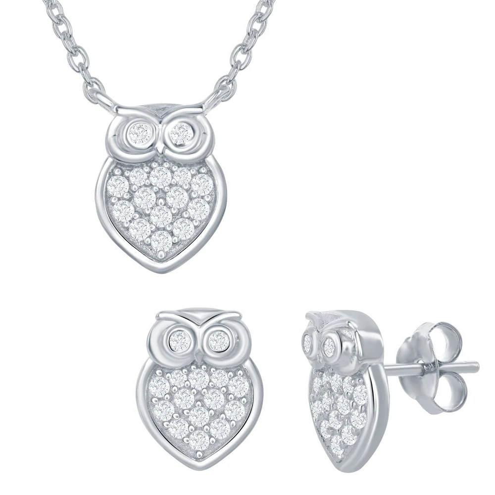 Sterling Silver Owl Necklace & Earrings Set