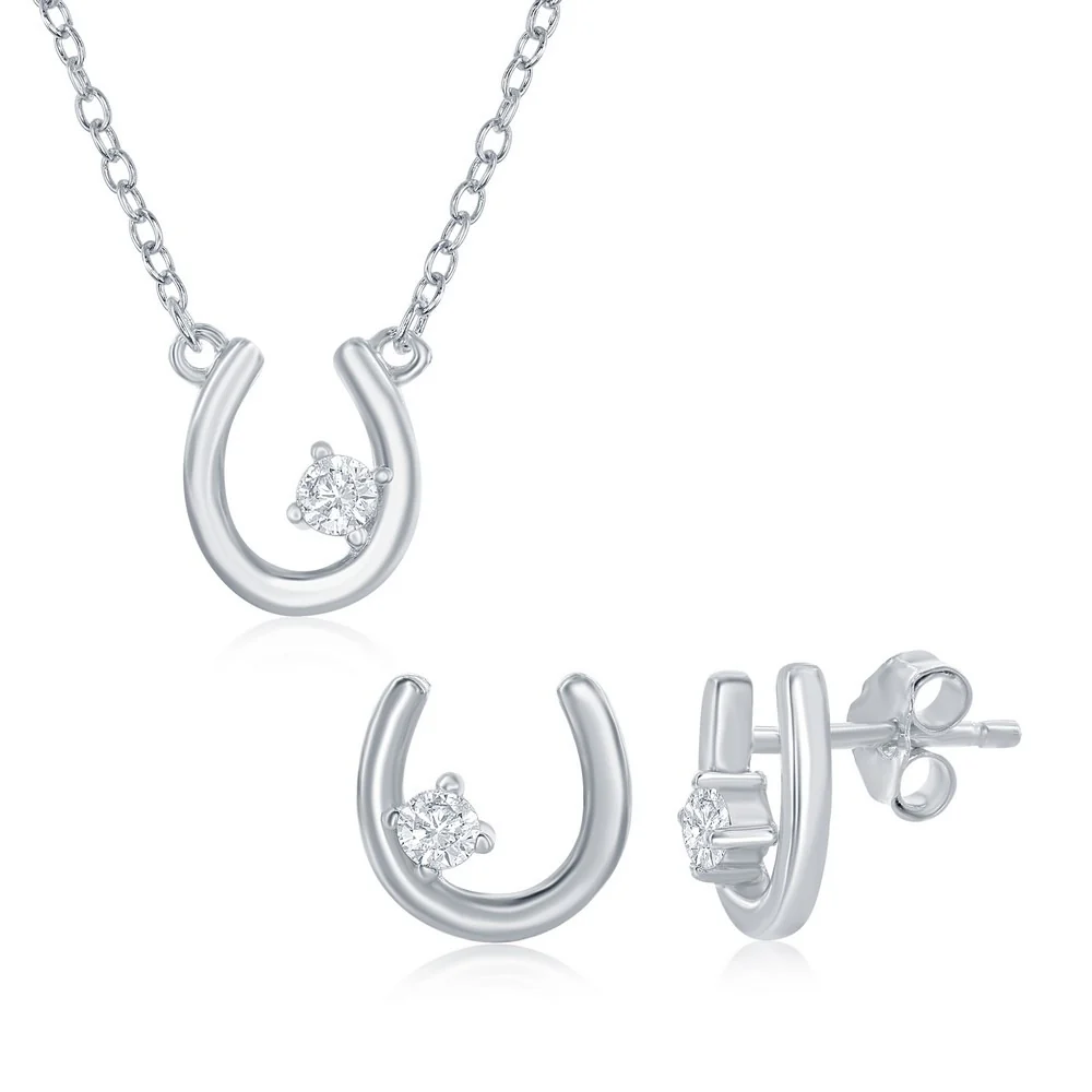 Sterling Silver Small Horseshoe Necklace & Earrings Set