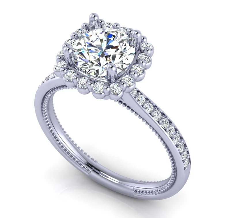 Verragio White Gold Emerald Cut Scalloped Halo Semi-Mount Engagement Ring