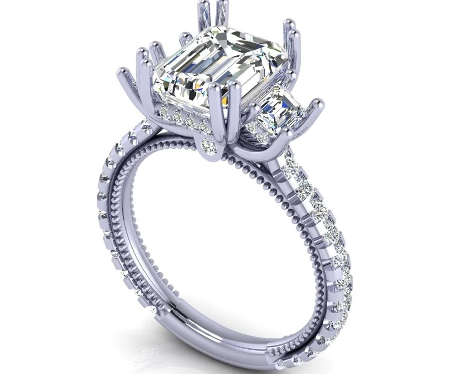 Verragio White Gold Emerald Cut Three Stone Hidden Halo Semi-Mount Engagement Ring