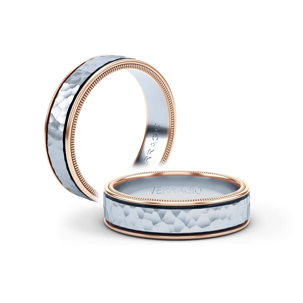 Verrgio Hammered White And Rose Gold Wedding Band - Image 2