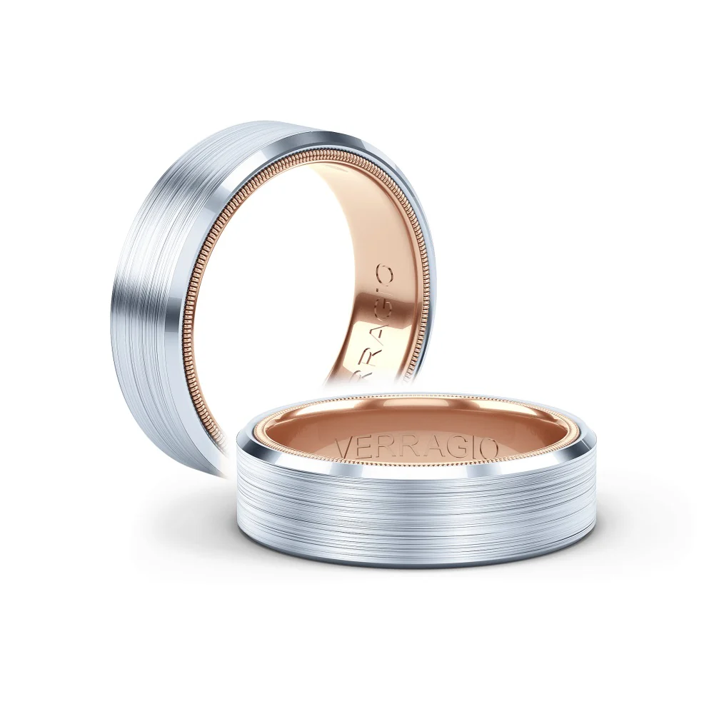 Verrgio Satin Finished White And Rose Gold Wedding Band - Image 2