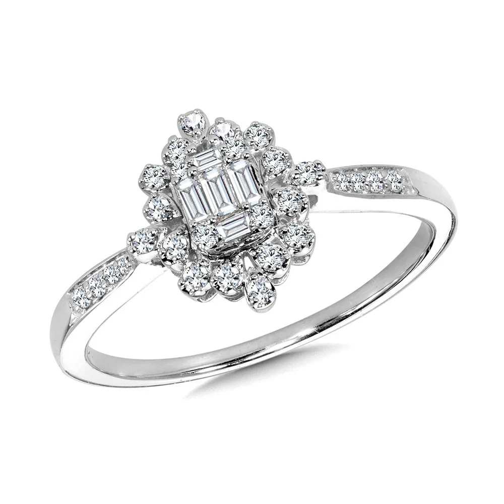 White Gold Baguette Cluster and Scattered Diamond Halo Ring