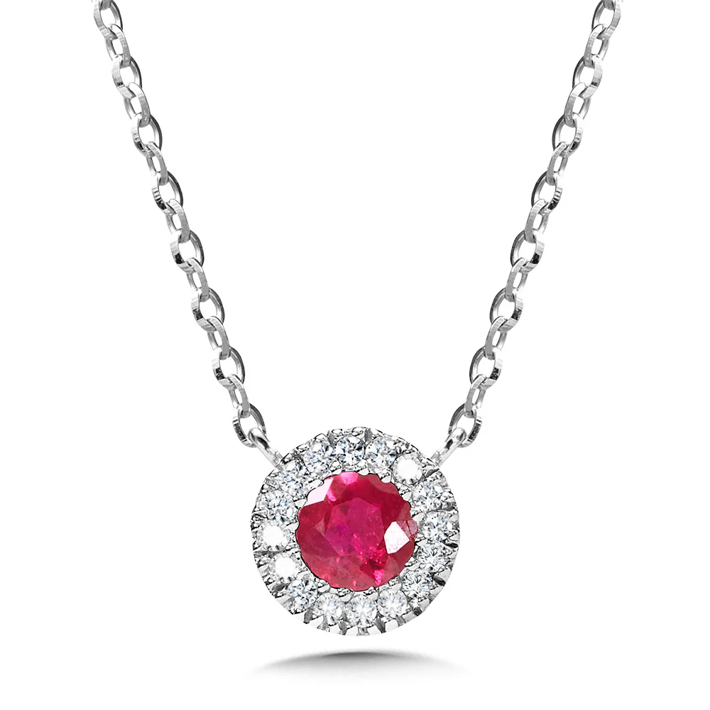 White Gold Round Halo Ruby Necklace