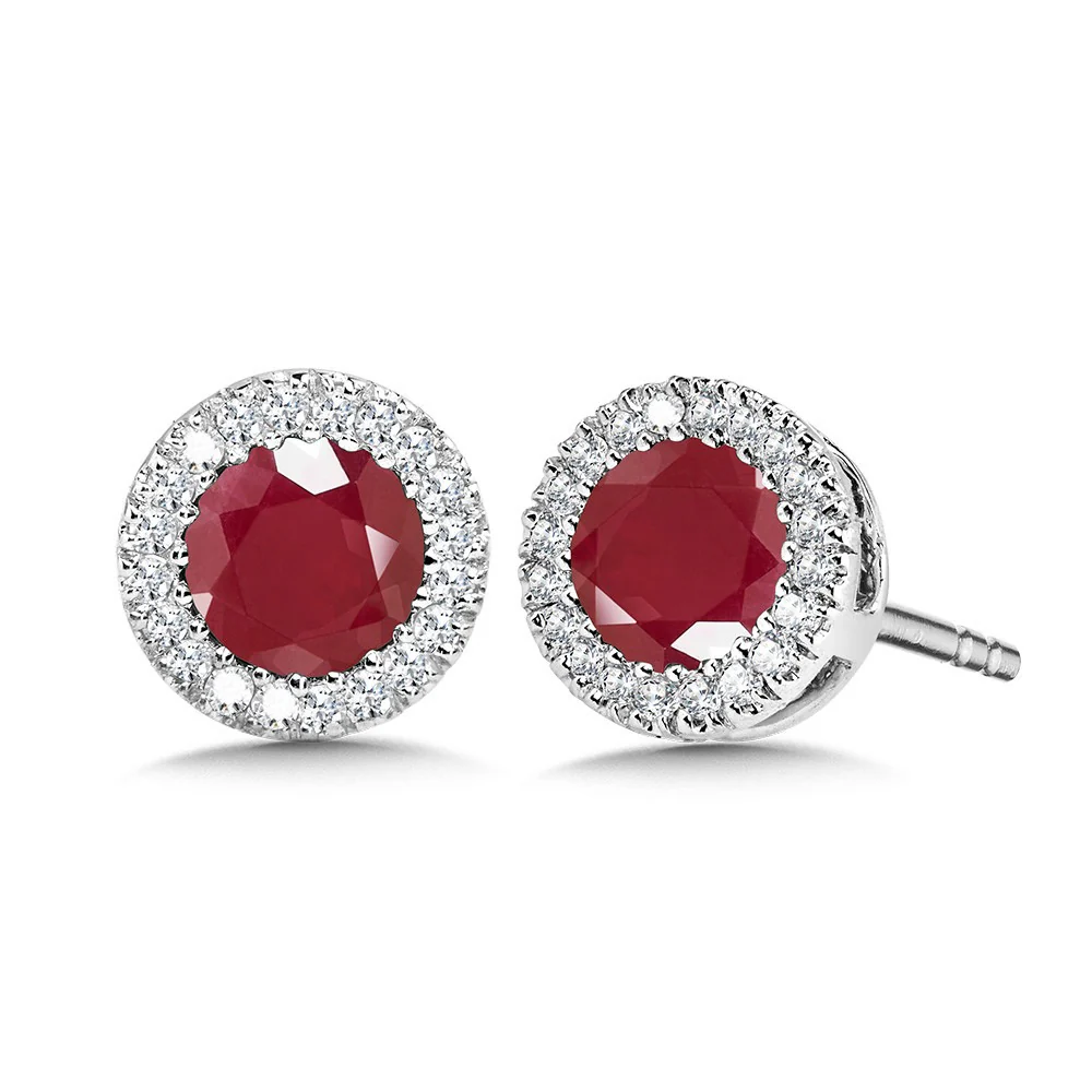 White Gold Round Ruby Diamond Halo Stud Earrings