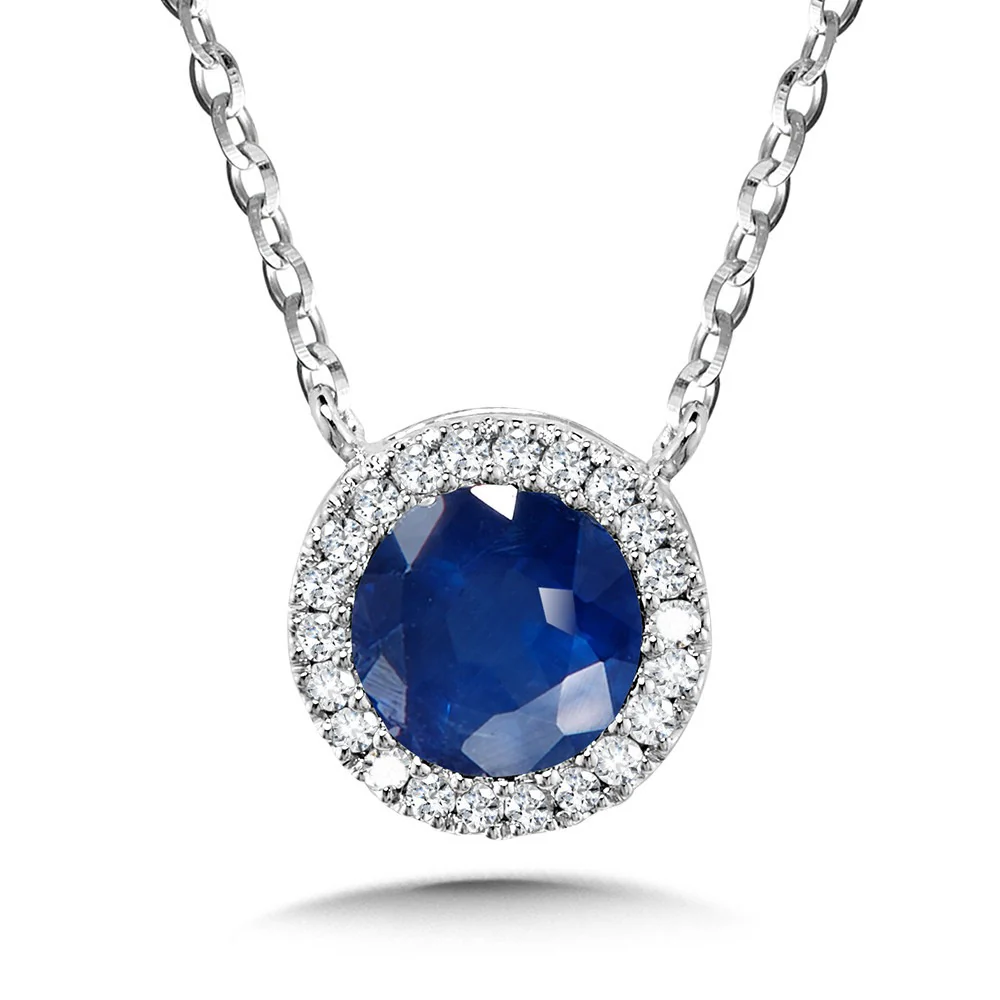 White Gold Round Sapphire Diamond Halo Pendant