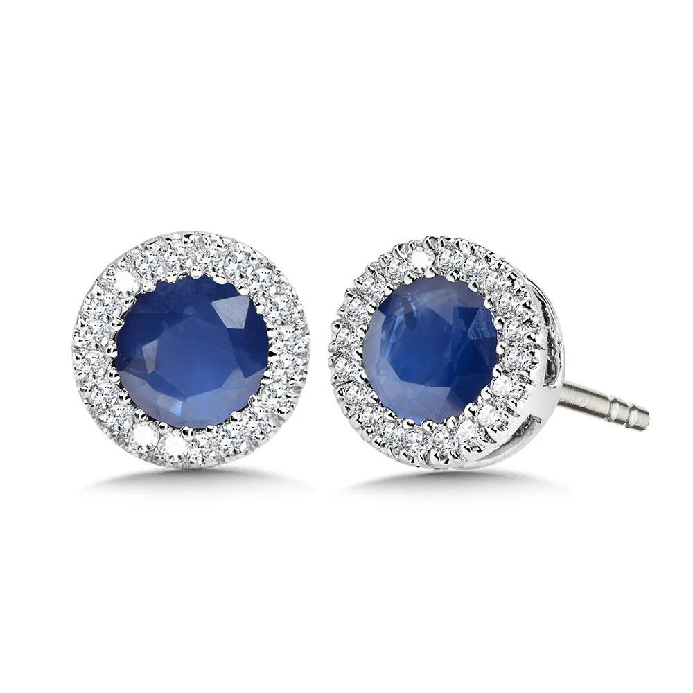 White Gold Round Sapphire Diamond Halo Stud Earrings